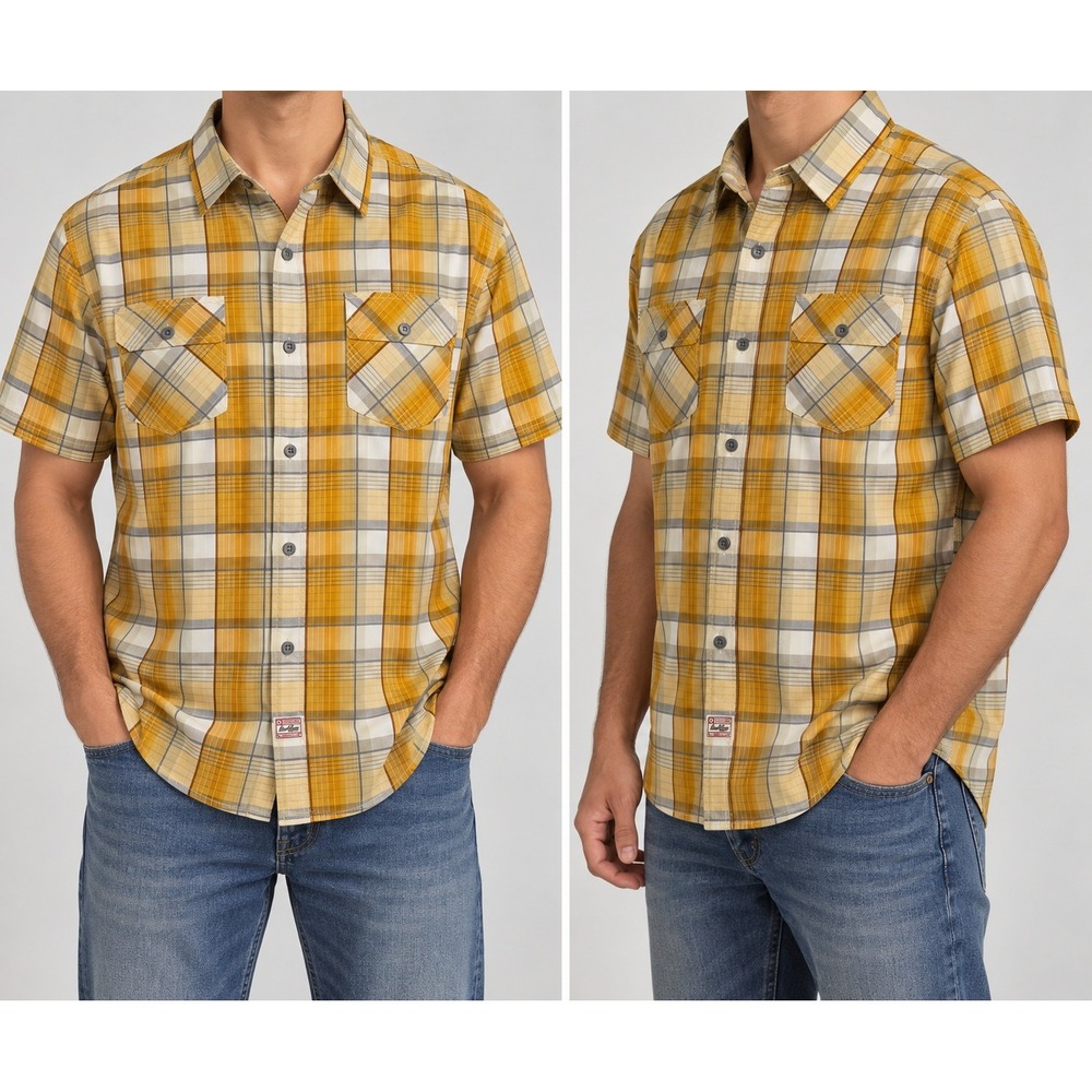 Levi Strauss Signature Mens 2XL Yellow Plaid Short Sleeve Cotton Button Down